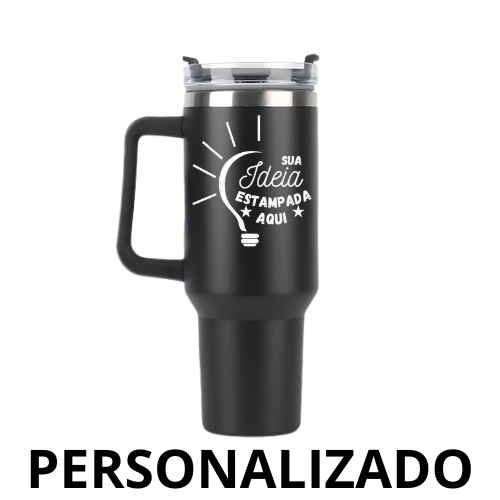 Copo Caneca Térmica Inox 1200 ml com Alça e Canudo – Preto Personalizado – Conservação Térmica