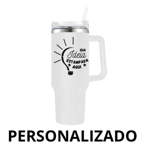 Personalizado - Copo Caneca Térmica Inox 1200 ml com Alça e Canudo – Branco – Praticidade e Design