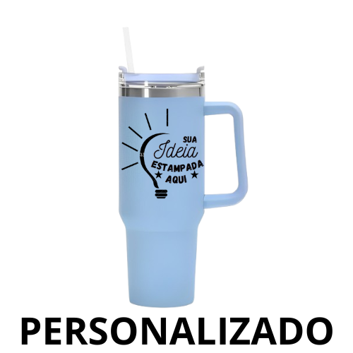 Copo Caneca Térmica Inox 1200 ml com Alça e Canudo - Azul Bebê (Personalizado)