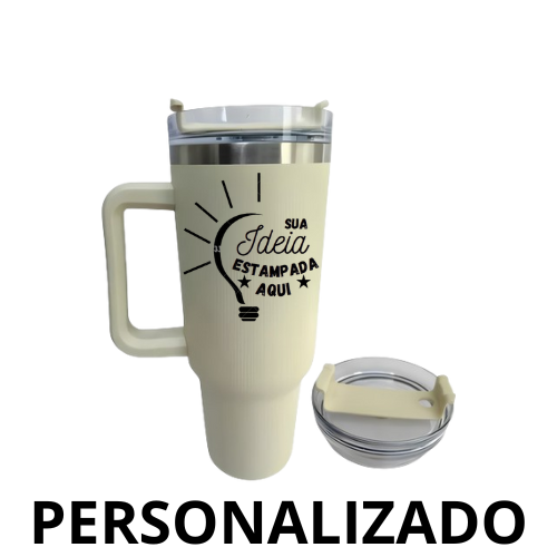 Personalizado – Copo Caneca Térmica Inox 1200 ml com Alça e Canudo – Bege
