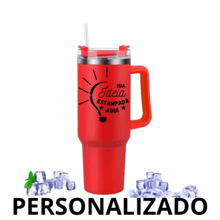 Copo Caneca Térmica Inox Personalizado (1200 ml) com Alça e Canudo – Vermelho