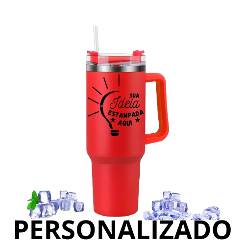 Copo Caneca Térmica Inox Personalizado (1200 ml) com Alça e Canudo – Vermelho