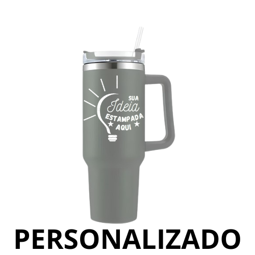 Personalizado – Copo Caneca Térmica Inox 1200 ml com Alça e Canudo – Cinza