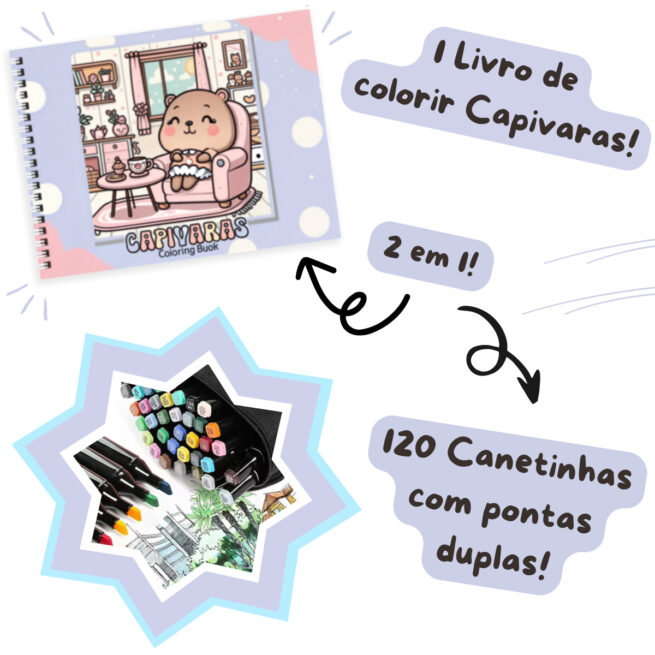 Kit Livro para Colorir CAPIVARA (Roxo) + 120 Canetas