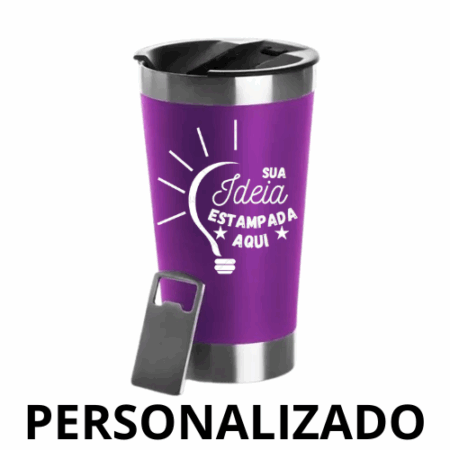 Copo Térmico Inox Personalizado 473 ml com Tampa e Abridor – Roxo – Design Sofisticado