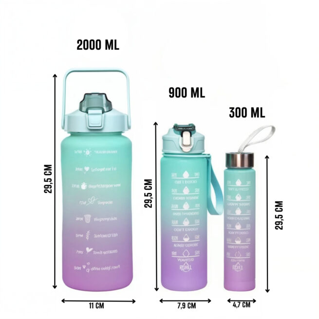 Kit com 3 Garrafas Squeeze Frases Motivacionais - 2000ml, 900ml, 300ml (Cores Sortidas)