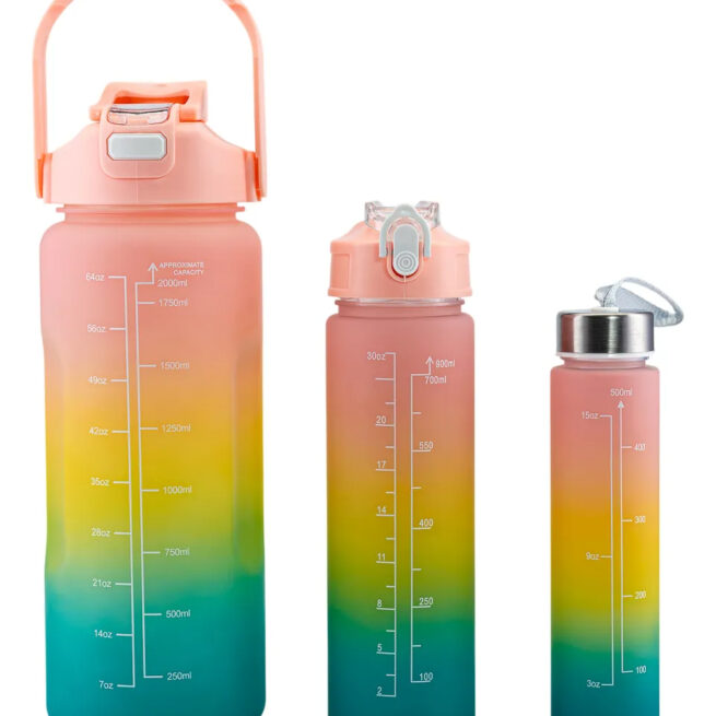 Kit com 3 Garrafas Squeeze Frases Motivacionais - 2000ml, 900ml, 300ml (Cores Sortidas)