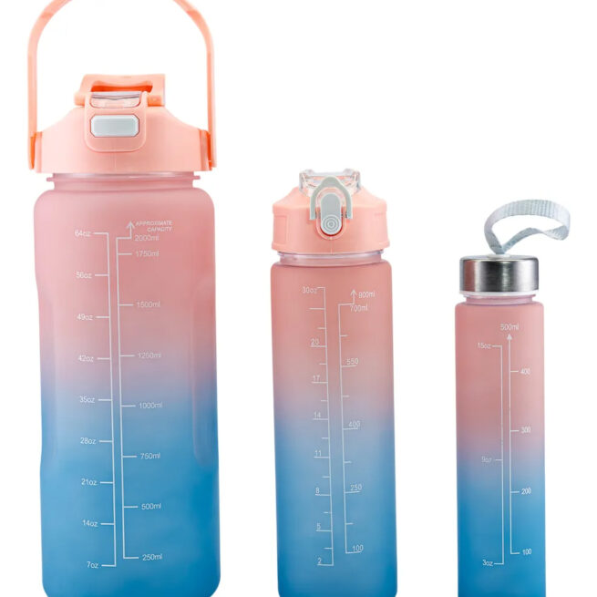 Kit com 3 Garrafas Squeeze Frases Motivacionais - 2000ml, 900ml, 300ml (Cores Sortidas)