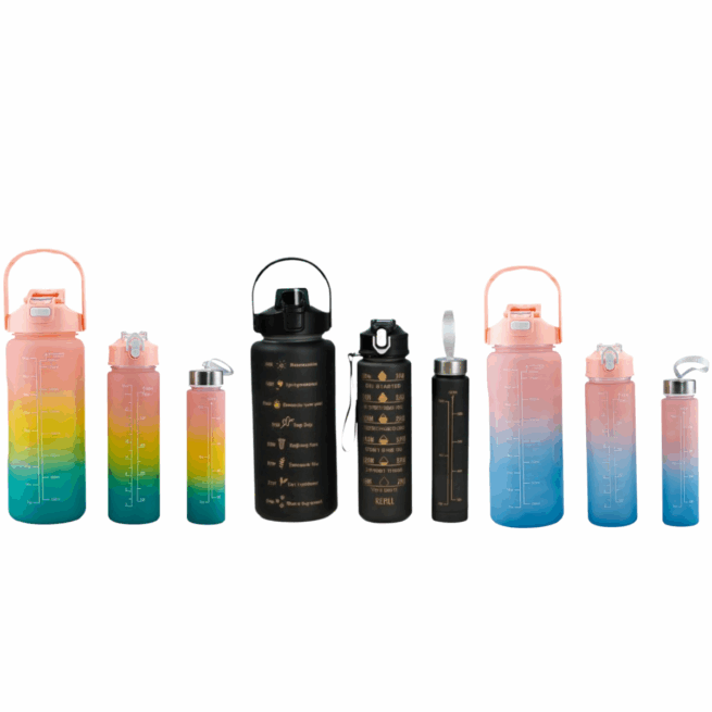 Kit com 3 Garrafas Squeeze Frases Motivacionais - 2000ml, 900ml, 300ml (Cores Sortidas)