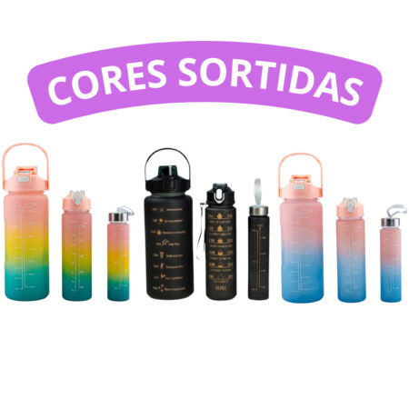 Kit com 3 Garrafas Squeeze Frases Motivacionais - 2000ml, 900ml, 300ml (Cores Sortidas)