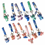 Kit com 3 Chaveiros Pingentes Animação Premium Emborrachado Kids – Verde, Azul e Rosa