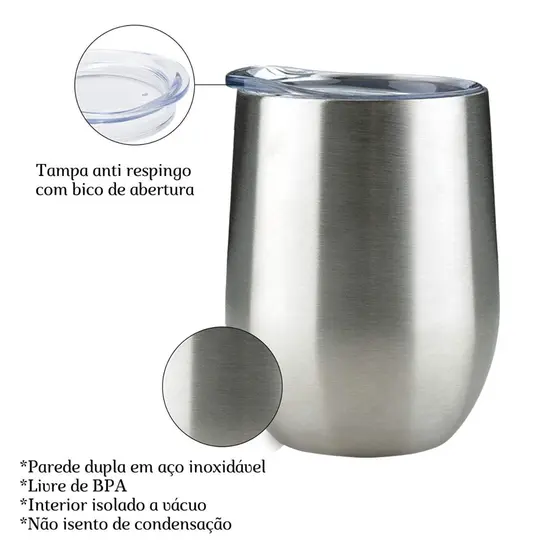 Copo Cuia Térmico Inox 360 ml Personalizado com Tampa Antivazamento – Prata – Clássico e Funcional