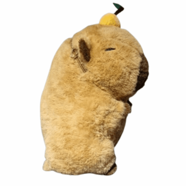Mochila de Pelúcia Média Estilo Capivara com Zíper e Fruta na Cabeça