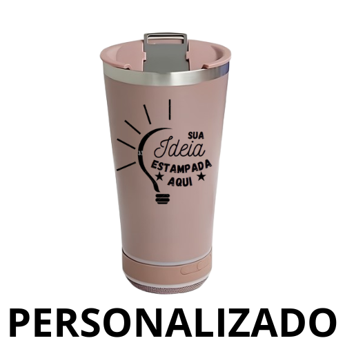 Copo Térmico Bluetooth Personalizado com Som LED, Tampa e Abridor 420 ml – Rosê – Tecnologia e Design