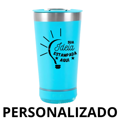 Personalizado Bluetooth – Copo Térmico Som LED com Tampa e Abridor 420 ml – Azul Claro