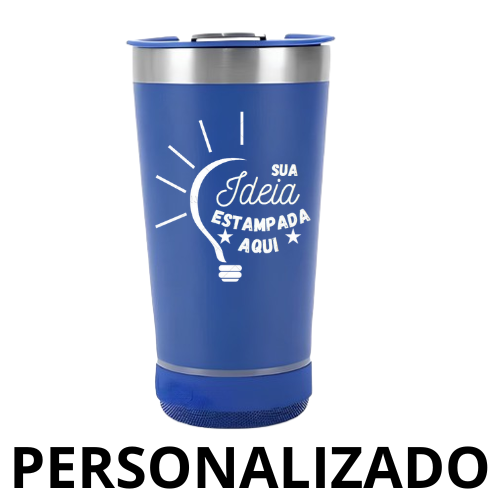 Copo Térmico Bluetooth Personalizado com Som LED, Tampa e Abridor 420 ml – Azul Marinho – Alta Tecnologia