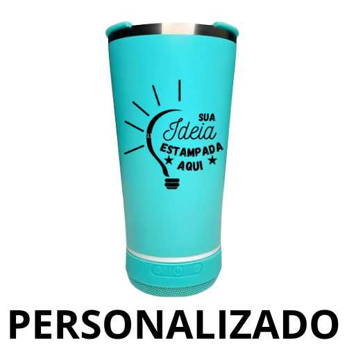 Copo Térmico Bluetooth com Som LED e Tampa com Abridor 420 ml - Verde Turquesa (Personalizado)