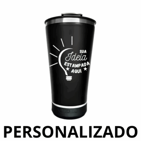 Copo Térmico Bluetooth Personalizado 420 ml com Tampa e Abridor – Preto Moderno