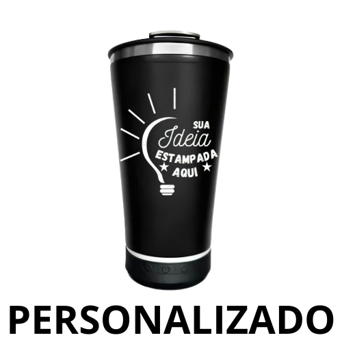 Copo Térmico Bluetooth Personalizado 420 ml com Tampa e Abridor – Preto Moderno
