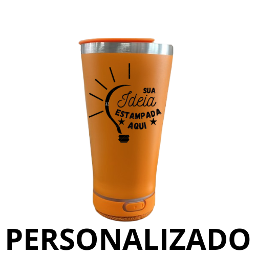 Personalizado Bluetooth – Copo Térmico Som LED com Tampa e Abridor 420 ml – Laranja