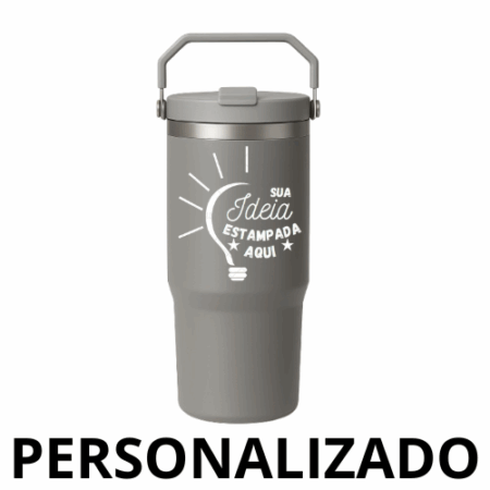 Garrafa Flip Straw Tumbler 900 ml com Alça Superior e Canudo – Cinza Personalizado Grande – Resistente e Moderna