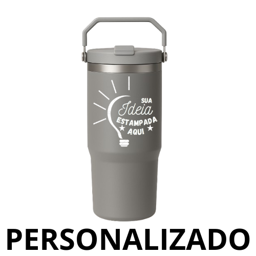 Garrafa Flip Straw Tumbler 900 ml com Alça Superior e Canudo – Cinza Personalizado Grande – Resistente e Moderna