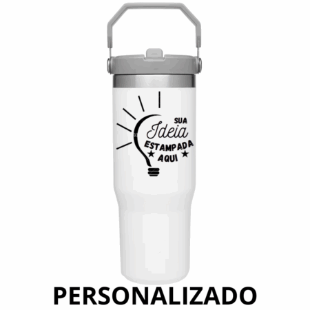 Garrafa Flip Straw Tumbler 900 ml com Alça Superior e Canudo – Branco Personalizado Grande – Design Moderno