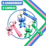 Kit com 3 Chaveiros Pingentes Animação Premium Emborrachado Kids – Verde, Azul e Rosa