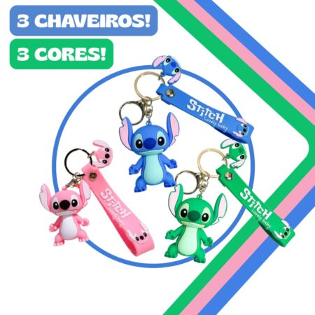Kit com 3 Chaveiros Pingentes Animação Premium Emborrachado Kids – Verde, Azul e Rosa