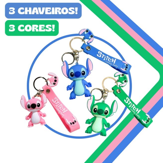 Kit com 3 Chaveiros Pingentes Animação Premium Emborrachado Kids – Verde, Azul e Rosa