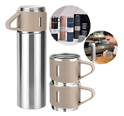 Jogo de Garrafa Térmica 500 ml com 3 Xícaras em Aço Inoxidável – Bege – Clássico e Sofisticado