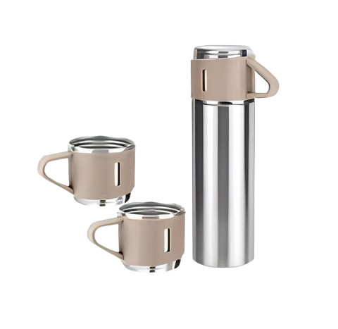 Jogo de Garrafa Térmica 500 ml com 3 Xícaras em Aço Inoxidável – Bege – Clássico e Sofisticado