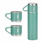Verde - Jogo de Garrafa Térmica 500 ml com 3 Xícaras em Aço Inoxidável – Durabilidade e Estilo