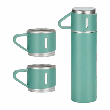 Verde - Jogo de Garrafa Térmica 500 ml com 3 Xícaras em Aço Inoxidável – Durabilidade e Estilo