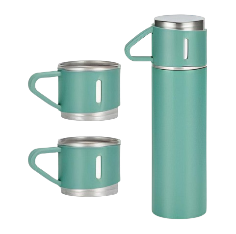 Verde - Jogo de Garrafa Térmica 500 ml com 3 Xícaras em Aço Inoxidável – Durabilidade e Estilo
