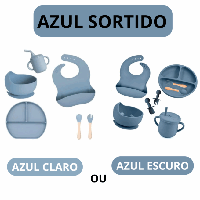 Jogo de Introdução Alimentar para Bebê em Silicone Premium 8 Peças – Azul Escuro ou Claro – BBL-54 – Alimentação Saudável