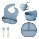 Jogo de Introdução Alimentar para Bebê em Silicone Premium 8 Peças – Azul Escuro ou Claro – BBL-54 – Alimentação Saudável