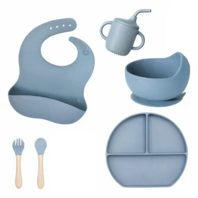 Jogo de Introdução Alimentar para Bebê em Silicone Premium 8 Peças – Azul Escuro ou Claro – BBL-54 – Alimentação Saudável