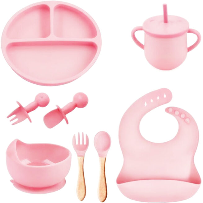 Jogo Introdução Alimentar Bebê em Silicone Premium 8 Peças – Rosa Escuro ou Claro – BBL-54