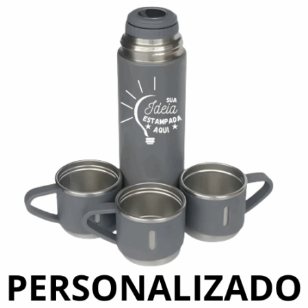 Personalizado – Jogo de Garrafa Térmica 500 ml + 3 Xícaras em Aço Inoxidável – Cinza