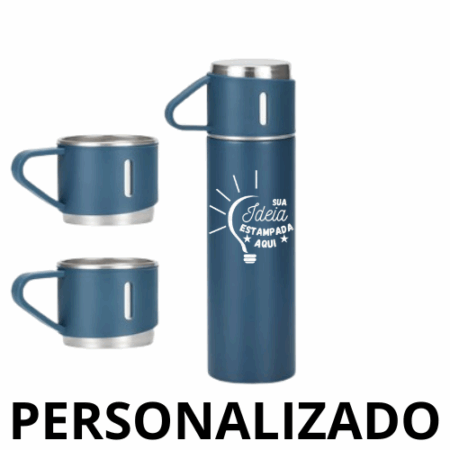 Personalizado – Jogo de Garrafa Térmica 500 ml + 3 Xícaras em Aço Inoxidável – Azul Marinho