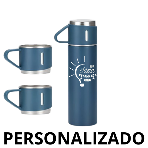 Personalizado – Jogo de Garrafa Térmica 500 ml + 3 Xícaras em Aço Inoxidável – Azul Marinho