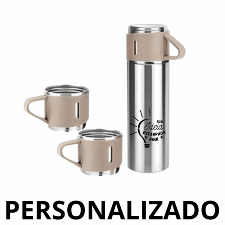 Personalizado - Jogo de Garrafa Térmica 500 ml com 3 Xícaras em Aço Inoxidável – Bege
