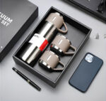 Personalizado - Jogo de Garrafa Térmica 500 ml com 3 Xícaras em Aço Inoxidável – Bege