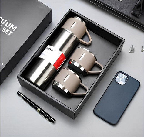 Personalizado - Jogo de Garrafa Térmica 500 ml com 3 Xícaras em Aço Inoxidável – Bege