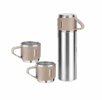 Personalizado - Jogo de Garrafa Térmica 500 ml com 3 Xícaras em Aço Inoxidável – Bege
