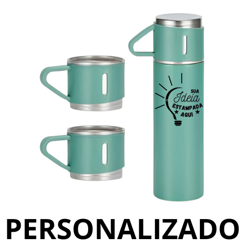 Personalizado – Jogo de Garrafa Térmica 500 ml + 3 Xícaras em Aço Inoxidável – Verde