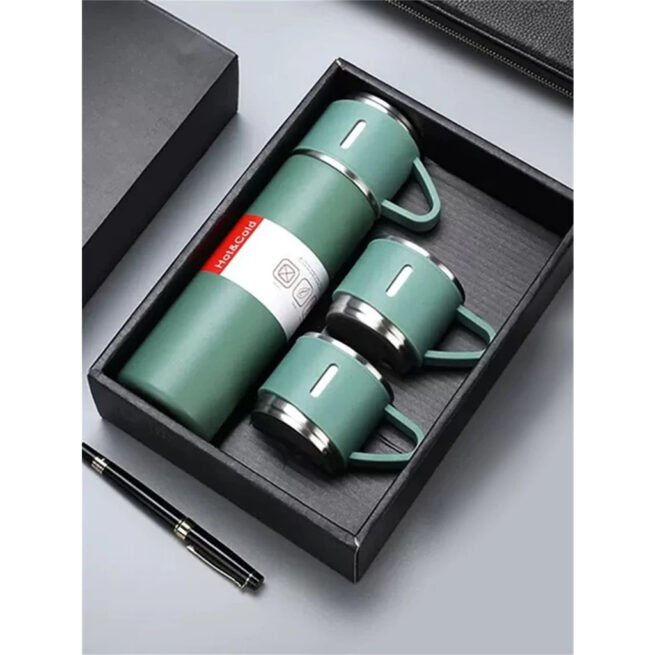 Personalizado – Jogo de Garrafa Térmica 500 ml + 3 Xícaras em Aço Inoxidável – Verde
