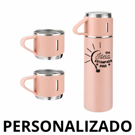 Personalizado - Jogo de Garrafa Térmica 500 ml com 3 Xícaras em Aço Inoxidável – Rosa