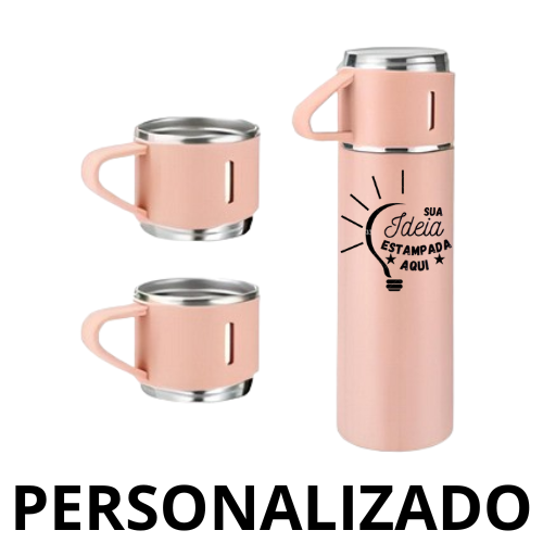 Personalizado - Jogo de Garrafa Térmica 500 ml com 3 Xícaras em Aço Inoxidável – Rosa